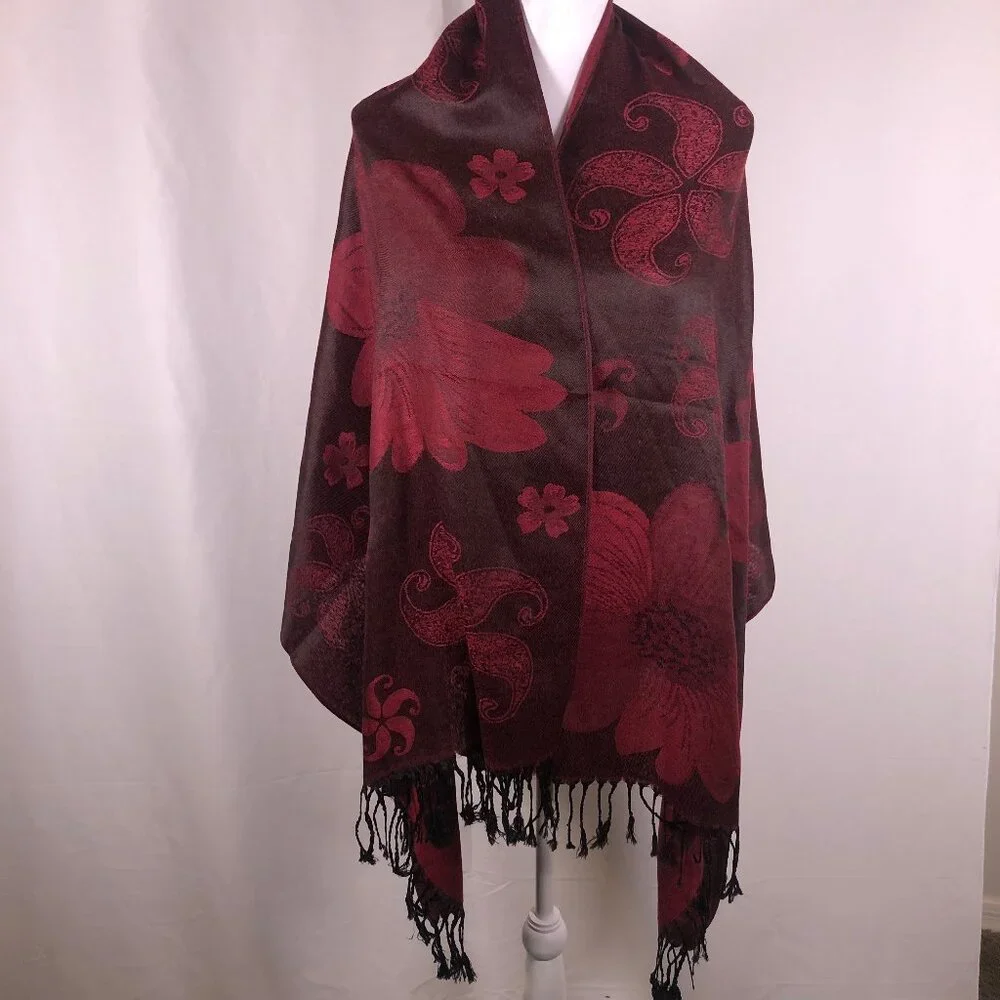 🌹Jerusalem Label 100% Cashmere Shawl – Garnet Floral Weave • Quiet Luxury